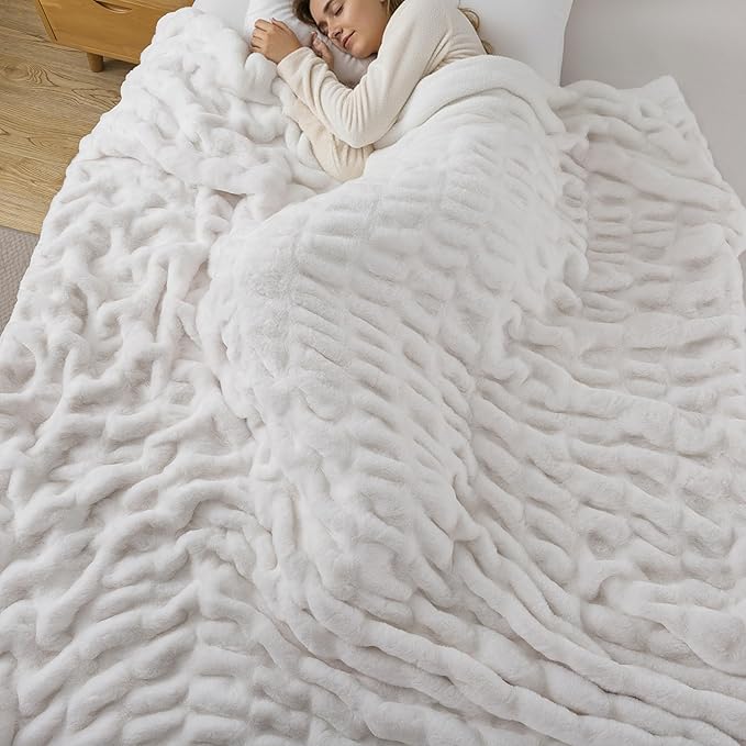 WDCOZY Ruched Faux Fur Throw Blanket Soft Cozy Fluffy Luxurious Blankets Couch Bed Sofa Chair Home Decor Warm Furry Fall Winter Plush Rabbit Fur Bubble Blanket 60" x 80", Ivory Cream White