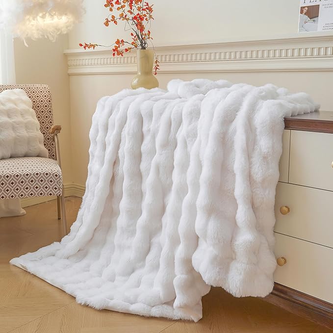 LIFEREVO Luxury Fluffy Faux Rabbit Fur Blanket, Plush Fuzzy Bubble Throw for Couch Sofa, Cozy Comfy Furry Bed Blanket Home Decoration, Aesthetic Shaggy Throw for Bedroom Living Room, 60x90, White