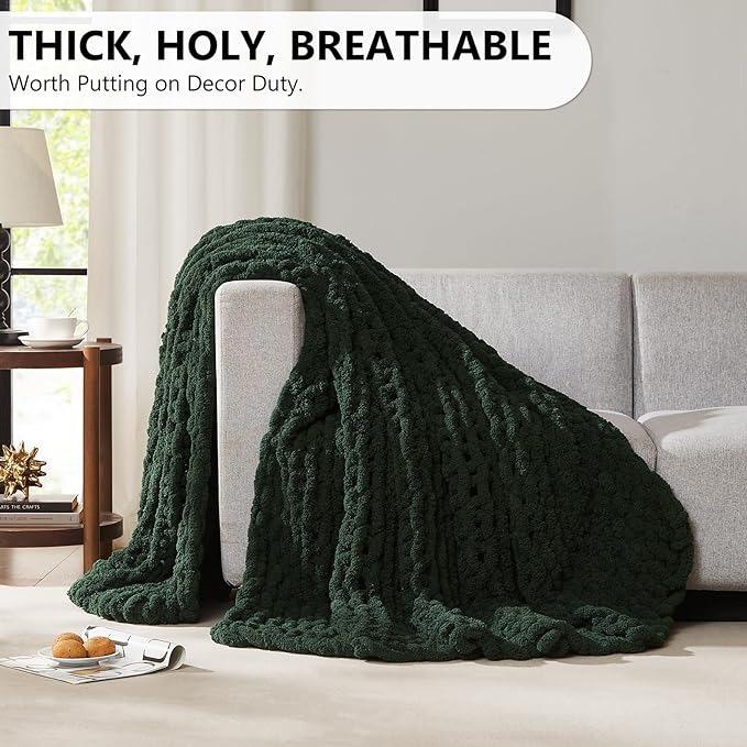 L'AGRATY Chunky Knit Blanket Throw: 50''x60'' Chenille Chunky Knitted Throw Blankets for Bed Couch - Handmade Thick Cable Knit Blanket - Large Crochet Rope Blankets for Home Decor(Olive Green)