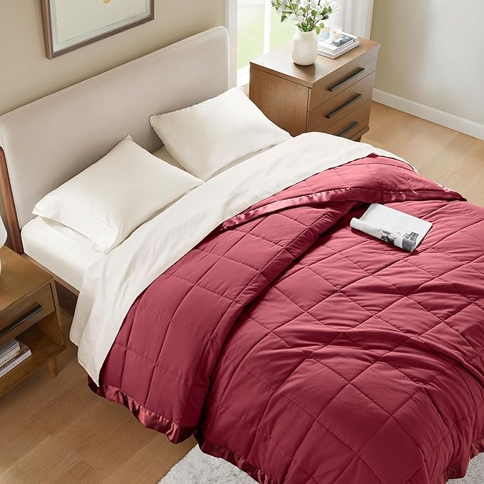 Madison Park Windom Down Alternative Blanket, Premium 3M Scotchgard Moisture Wicking Treatment, Lightweight and Soft Bed Cover For All Season, Full/Queen, Satin Trim, Burgundy