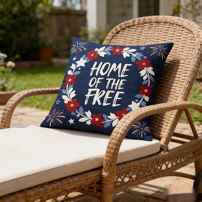 Patriotic Throw Pillow Covers, Home of the Free Floral Design, Linen, 18x18 Inch, Set of 2, Farmhouse Style, Living Room Decor，July 4th Independence Day Pillowcase Series