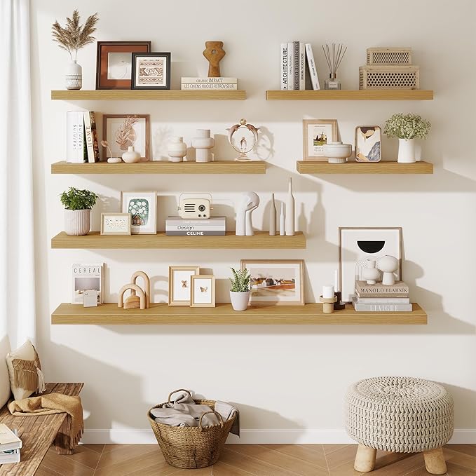 Fun Memories Floating Shelves for Wall - 10 x 16 Floating Shelf - Rustic Wood Storage Shelf - Wall Shelves with Invisible Bracket - 16" Bookshelves for Living Room & Bedroom - Oak - Set of 2