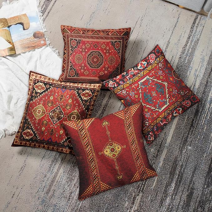 Britimes Throw Pillow Covers Geometric Kilim Moroccan Home Decor Set of 4 Oriental Ikat Pillow Cases Living Room Decorative 20 x 20 Inches Cushion Couch Sofa Pillowcases Colorful Red Tribal