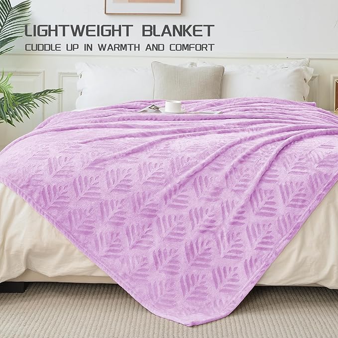 Exclusivo Mezcla Fleece Throw Blanket for Couch, Super Soft and Cozy Blankets All Season Use, Leaves Pattern, Plush Fuzzy Lightweight, Lilac, 50x60 Inch