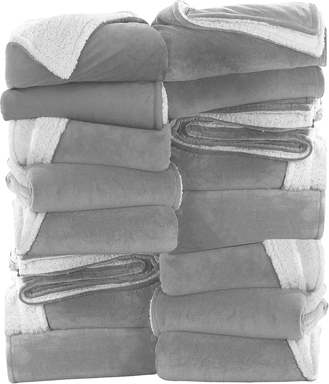MOONLIGHT20015 Silver Sherpa Fleece Throw Blanket Twin Size for Bed - Wholesale Bulk Pack of 12 Sherpa Blankets - Soft Fluffy Throw Blankets for Hotels, Guest Bedroom, 60x80 Inches