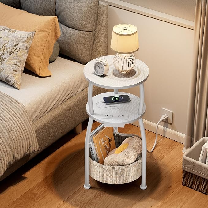 Round Side Table, 3-Tier End Table with Power Outlets, Small Table with Storage Basket, Coffee Table Sofa Side Table for Small Spaces, Nightstand for Living Room Bedroom 11.81in Matte White