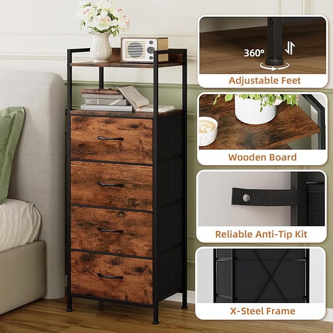 Somdot Nightstand with 4 Drawers, Vertical Storage Tower Fabric Dresser for Bedroom, Night Stand Bedside Table Furniture, Sturdy Steel Frame, Wooden Top & Easy Pull Fabric Bins, Wood Grain Print