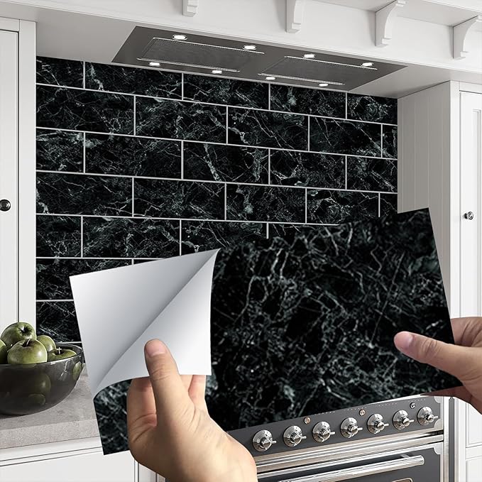 HLNIUC 16-Sheet Black Marble Wall Tiles, 8'x4', Peel And Stick, Waterproof, PVC Self Adhesive, Kitchen & Bathroom Backsplash