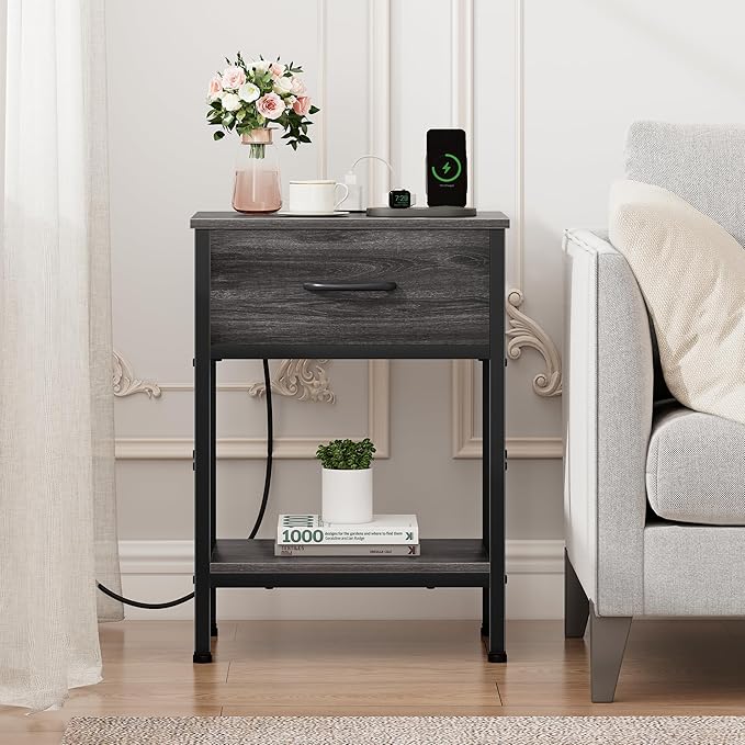 Vagusicc Nightstand Set of 2 with Charging Station, Bed Side Table with Fabric Drawer, Small End Table with 2-Tier Open Shelves, 25.4" Tall Night Stand Bedside Table for Bedroom Living Room, Black Oak