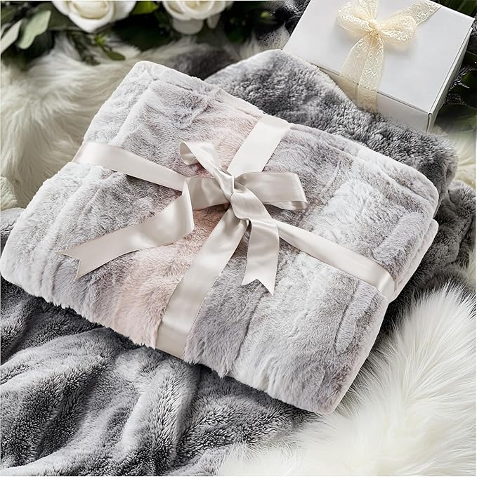 Madison Park Soft Faux Fur Blanket, Plush Reversible Throw for Home Decor, Luxuriously Soft All Seasons Fuzzy & Cozy Knitted Throw, 50x60 Blush/Grey
