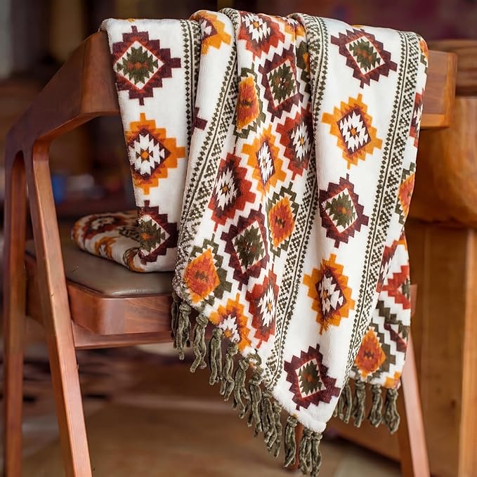 CASAAGUSTO Boho Throw Blanket - Orange and Green Decorative Blankets with Tassel, Printed Flannel Bohemian Blanket for Chair, Bed, Sofa, Couch(50 * 60, Orange and Green)