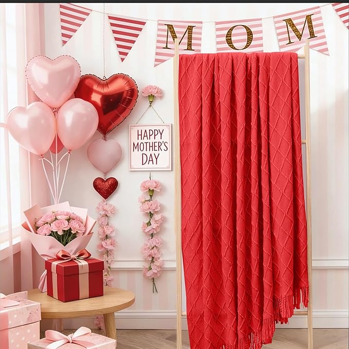 inhand Red Knitted Throw Blanket for Couch Bed, Mothers Day/Mom Birthday Gifts for Mom from Daughter Son, Soft Lightweight with Tassels, Farmhouse Warm Decorative Blanket for Women, 50"x60"