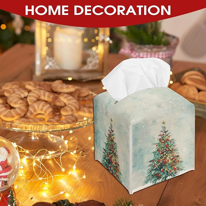 Christmas Trees Tissue Box Cover Leather, Christmas Tissue Box Cover Square, Facial Paper Organizer for Table Top Nightstands Desk Bathroom Kitchen Car Office Home Decor(5.2 Inches)-B01
