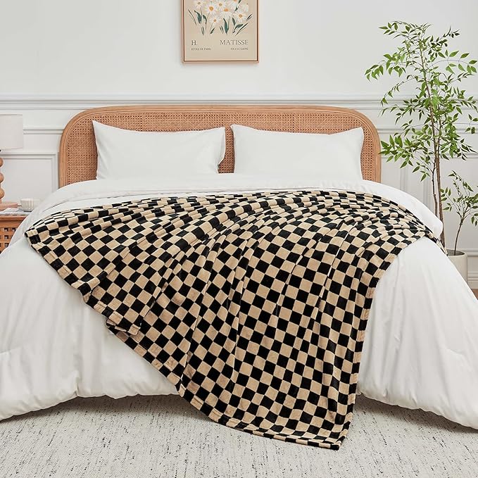 FY FIBER HOUSE Checkered Flannel Fleece Throw Blanket King Size Soft Cozy Checkerboard Grid Print Chessboard Pattern Blankets for Bed Couch Sofa, 90"x108", Black Brown