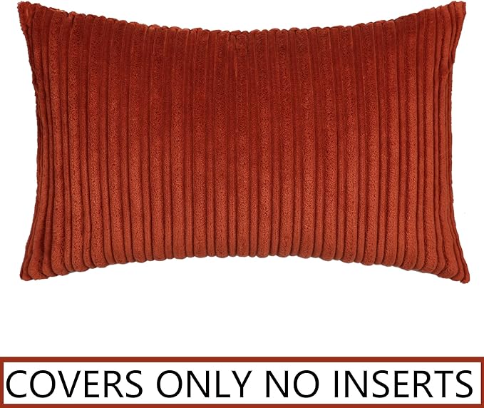 UGASA Fall Soft Lumbar Pillow Cover Stripe Velvet Decorative Oblong Pillow Cover Solid Rectangular Lumbar Cushion Case for Home Couch Sofa Living Room 1 Piece, 12x20 Inch (30x50cm), Burnt Brick