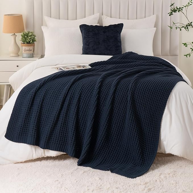 Bunnikins & Clover Navy Blue Throw Blanket for Couch, Knitted Blue Blanket Throw 60''x80'', Super Soft Waffle Navy Throws for Chair Sofa Home Decor