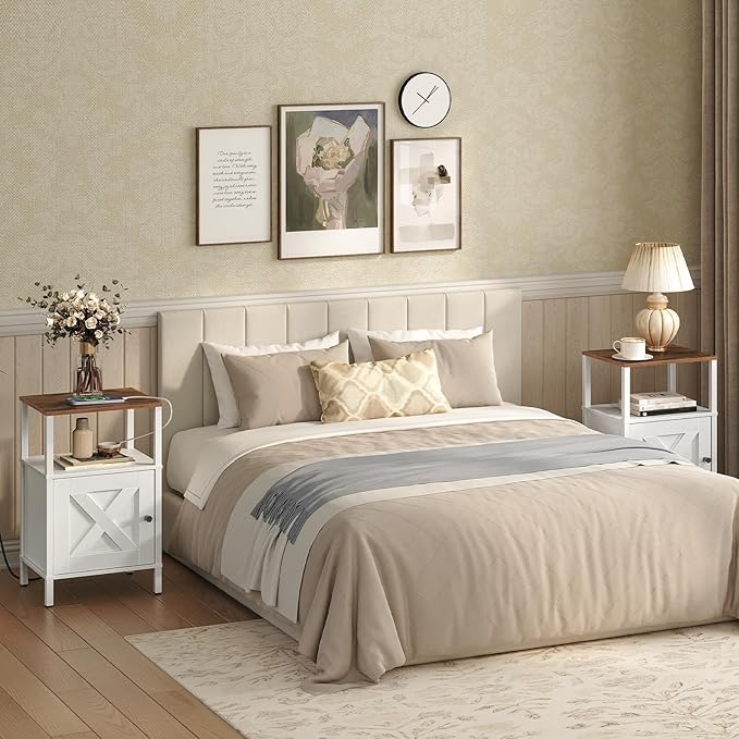 Farmhouse Nightstand with Charging Station, White Bedside Table with USB&Type-C Ports and Outlets, End Table with Storage, Night Stand for Bedroom, White and Rustic Brown ETRW96E01