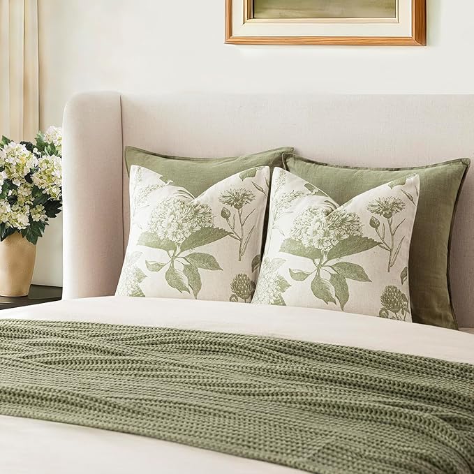 Foindtower Set of 2 Linen Floral Throw Pillow Covers Vintage Accent Print Decorative Cozy Cushion Covers Farmhouse Boho Home Decor for Sofa Chair Couch Bedroom Living Room,18×18 Inch,Light Green