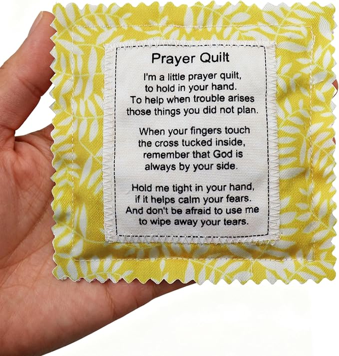 Mini Prayer Quilt with Cross Inside Vintage Pocket Scripture Prayer Quilt Squares Sympathy Christian Gifts for Women Pastor Appreciation Father's Day Graduates Gifts (Yellow)