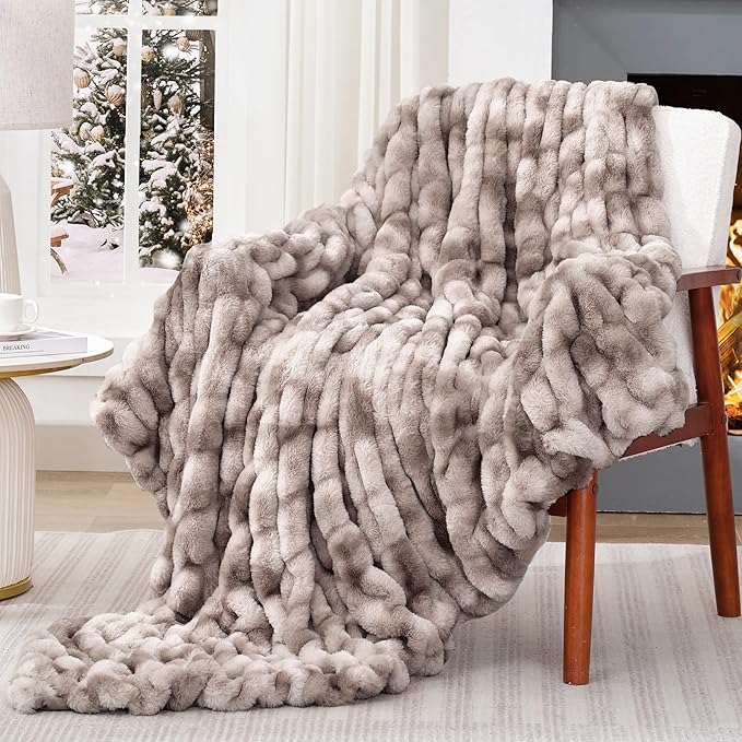 Touchat Ruched Faux Rabbit Fur Throw Blanket, 700 GSM Luxury Dual-Sided Soft Cozy Blanket, Fuzzy Fluffy Plush Blanket for Bed, Couch and Sofa - 50"x60", Tie-dye Coffee