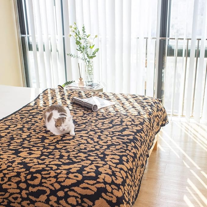 MH MYLUNE HOME Micro Plush Microfiber Polyester Blanket (71x78 inch, Brown) Ultra Soft & Warm Reversible Leopard Pattern Blanket for Sofa Couch Bed, Extra Large