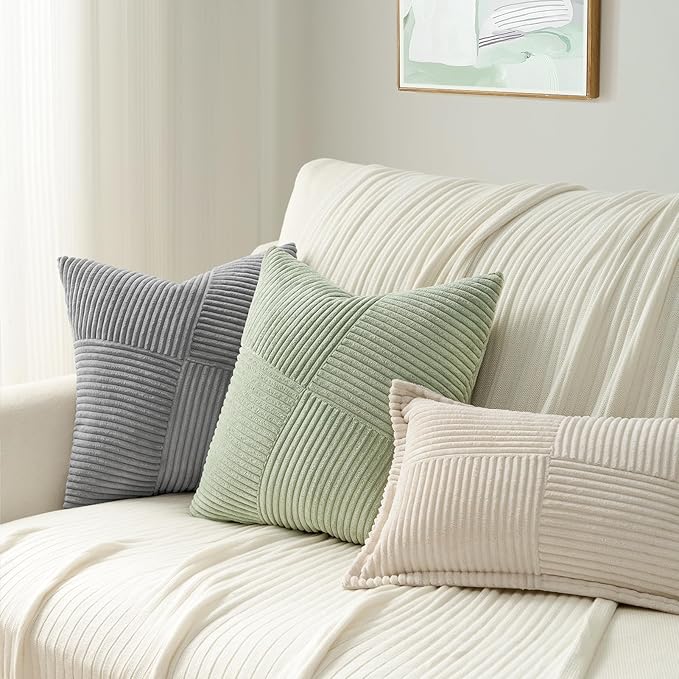 Topfinel 24x24 inches Sagegreen Euro Pillow Shams Set of 2 Corduroy Decorative Throw Pillow Covers for Bedroom Living Room, Windmill Textured Striped Patchwork Couch Pillow Covers 60x60 cm
