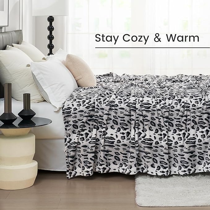 Cozy Bliss Leopard Print Fuzzy Throw Blanket for Couch & Bed, Thick Soft Warm Fleece Blankets for Room Decor, for Girls Kids Women Men, Snow Leopard, Grey 50"*60"