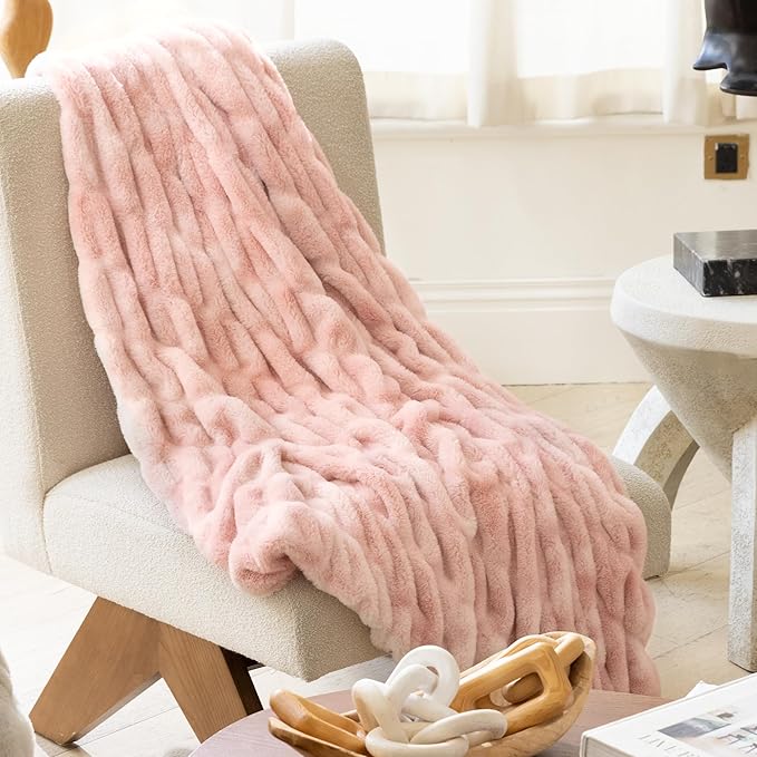 Ultra Soft Faux Rabbit Fur Throw Blanket, Cozy Fuzzy Blanket for Couch Bed, Plush Warm Decor Gifts, Luxury Thick Fluffy Blanket for Women, 60x80 inches, Tie-Dyed in Pink