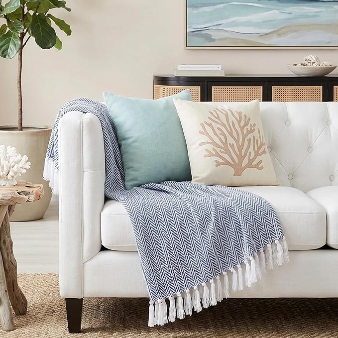 Americanflat 50x60 Throw Blanket - Soft and Breathable Cotton Throw Blanket for Couch, Bed, Chair - Decorative Blankets Perfect for Home, Office, or Outdoor Use - Blue and White Herringbone Design
