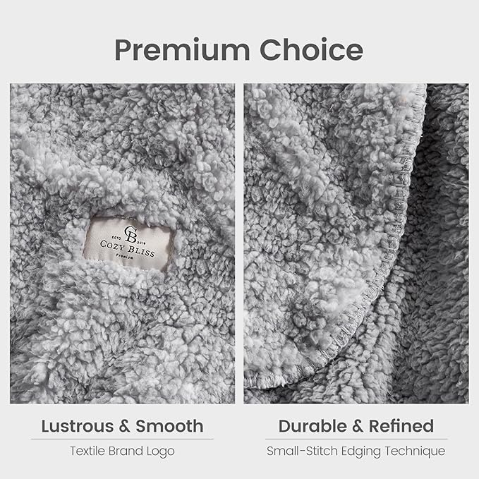 Cozy Bliss Luxury Sherpa Throw Blanket for Couch, Premium Reversible Plush Thick Throw, Warm Cozy Soft Blanket for Home and Gifts (Mottled Grey, 60" x 80")