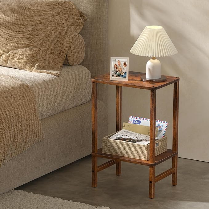 Side Table End Table Tall Night Stand 2-Tier 2 Pack for Living Room Bedroom Bathroom Office Furniture Brown