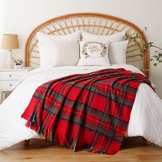 BATTILO Christmas Plaid Throw Blanket for Couch Bed, Mohair Red Tartan Plaid Blankets, Soft Cashmere Checkered Pattern, Red Christmas Throw Blankets for Home Decor (50"x60")