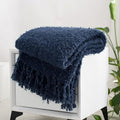 Winter Knit Throw Blanket Fluffy Fuzzy Soft Lightweight Cozy Farmhouse Tassels Chunky Knitted Throws for Couch Sofa Bed (Navy Blue, 60"x80")