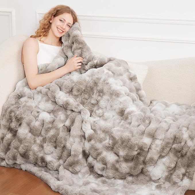 Comelady Faux Rabbit Fur Throw Blanket for Couch,Soft Fluffy Thick Bubble Blanket for Bed Sofa Room Decor-Lightweight Cozy Fuzzy Blanket Gifts for Women Men,Tie-dye Brown,50"×60"