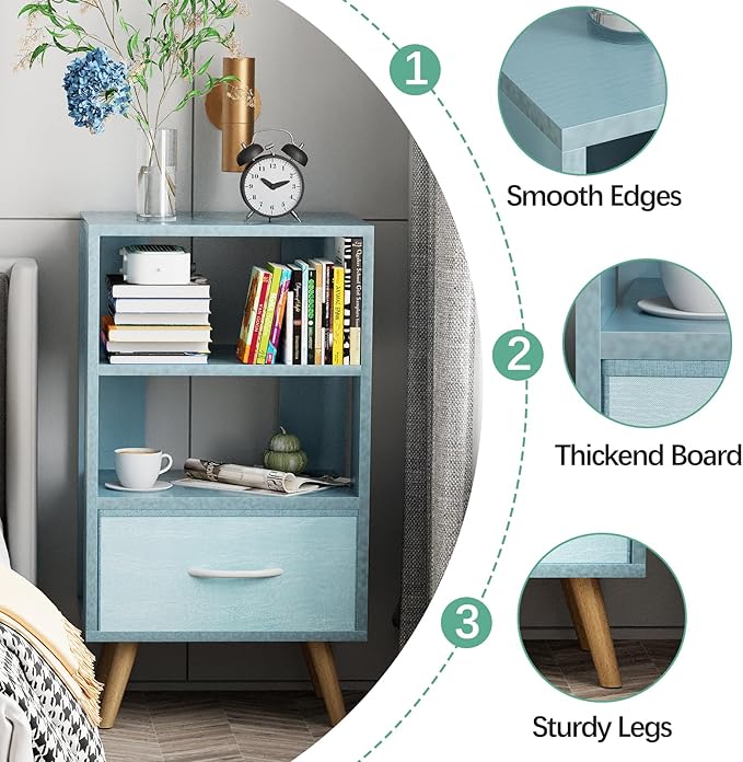 Night Stand, Blue Nightstand with Drawer, Side Table with Open Storage, 3-Tier Modern End Table, Bedside Table for Small Space, Living Room, Bedroom
