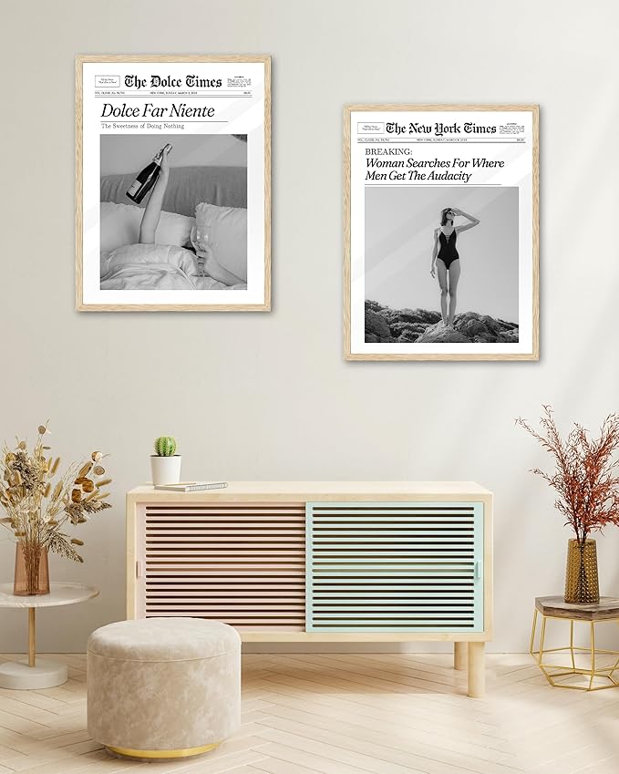 iHery Dolce Far Niente Framed Trendy NewsPaper Wall Art, Natural OAK Wood 12x16in Canvas Wall Art Bedroom,The Sweetness of Doing Nothing Print,La Dolce Vita Home Decor For Living Room Dorm 1Pack