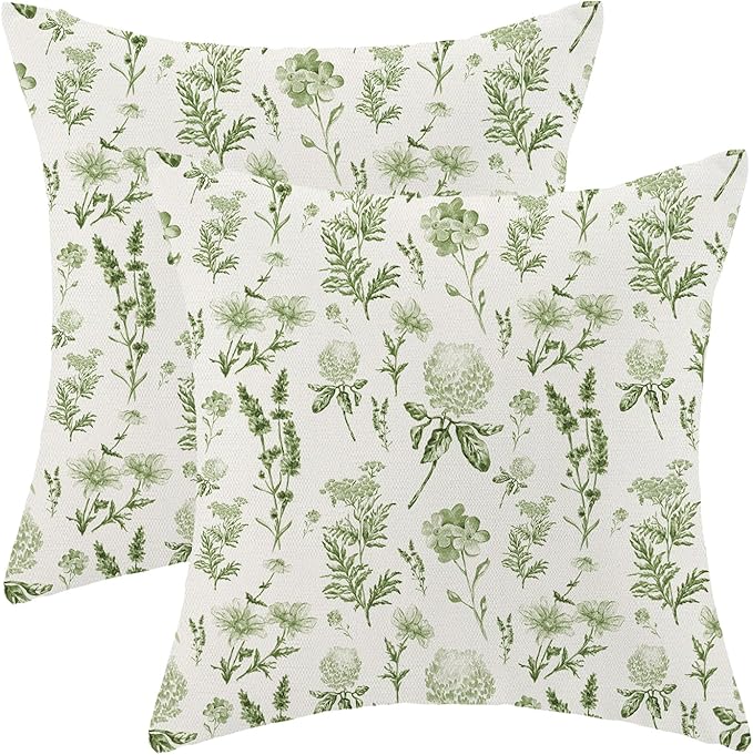 AEIOAE Sage Green Spring Pillow Covers 20x20 Inch Set of 2, Wild Flower Leaves Plant Throw Pillows Case,Seasonal Floral Outdoor Decorative Farmhouse Decor Cushion Covers for Home Sofa Bed Couch