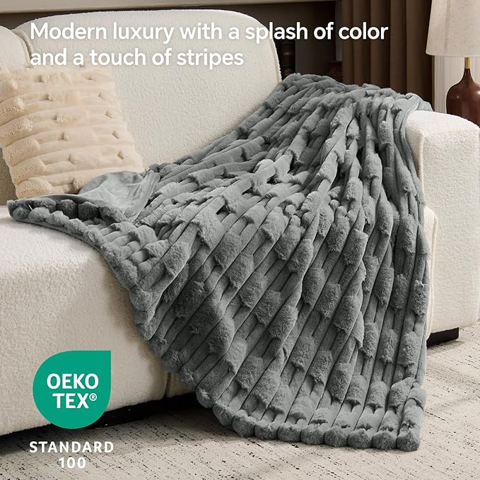 BEDELITE Faux Fur Grey Throw Blanket for Couch - Super Soft & Cozy Plush Striped Blanket for Sofa and Room Decor, Luxury Fluffy All-Season Blankets Gift for Women, Men, Mom, Dad, 50x60 inch, Grey