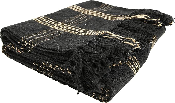 Plaid Black & Tan Fringed Woven Cotton Blend Throw