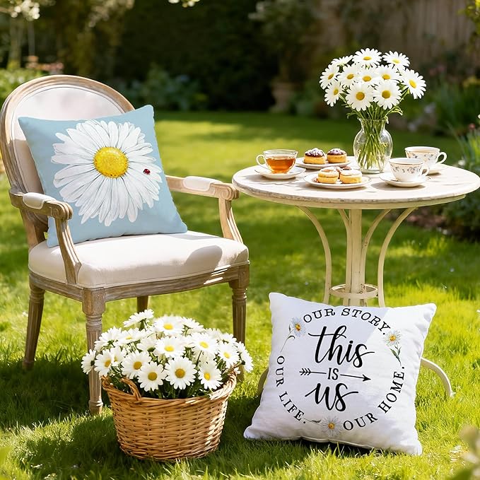 Hexagram Summer Spring Pillow Covers 18x18 Set of 4, Floral Daisy Outdoor Decorative Throw Pillow Covers, Blue Farmhouse Cushion Case for Couch Sofa Living Room Bedroom Home Indoor Decor(No Insert)