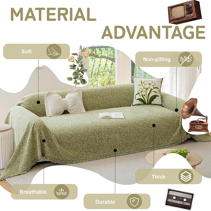 HANDONTIME Thick Chenille Couch Cover for Pets Washable Sofa Covers Blanket Boho Sectional Sofa Cover for 3 Cushion Couch Colorful Polka Dots Furniture Protector Pet Friendly, Meadow Green 71" X 150"
