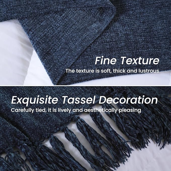 Navy Chenille Throw Blanket for Couch Bed，Soft Cozy Throw Blanket with Handmade Fringe, Decorative Blanket for Sofa Chair Living Room for Gift,Navy 60" x 80"