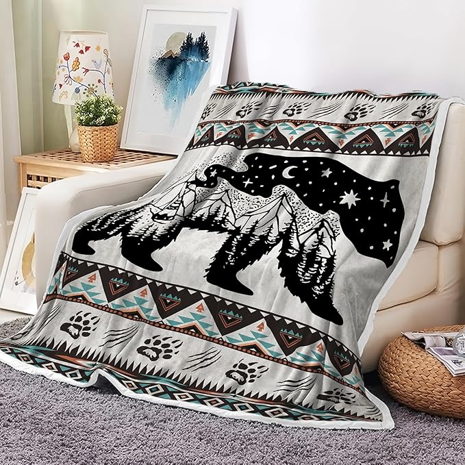 Rustic Cabin Throw Blankets, Hunting Camping Cozy Warm Bed Couch Blanket, Rustic Bear Moose Forest Vintage Western Decor Theme Fleece Flannel Throws to Decorate the Room and Bedroom 60X70IN（Grey）
