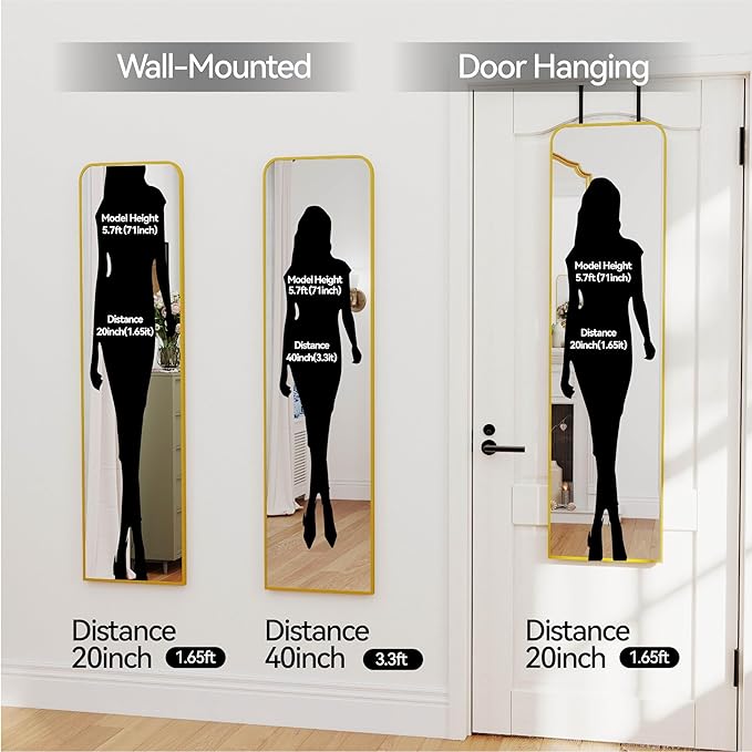 47x14 Mirror Full Length Door Hanging Wall Mounted Aluminum Alloy Metal Frame Dressing Make-up Save Space Half Body Mirrors for Entryway Bedroom Bathroom Living Room 47 inch Gold