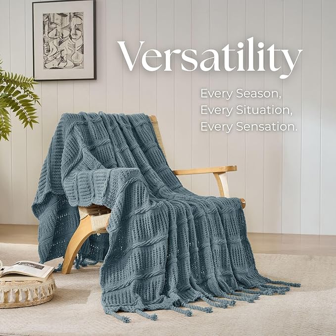 Boho Knitted Chenille Blanket with Tassels - Lightweight & Soft All-Season Throw - 3D Classic Pattern for Living Room Bedroom Couch, Celestial Blue, Throw 50"x60"