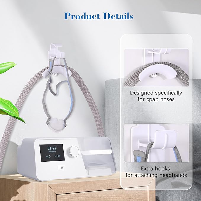 2 Pack CPAP Hose Holder for Bed, CPAP Tube Holder Compatible with CPAP Hose & Headgear Storage, Bedside CPAP Hook for CPAP Organization with 4 Removable Strips（2 White