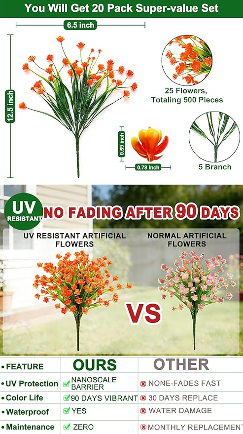 20 Bundles Artificial Flowers for Outdoors Spring Summer Decor-UV Resistant Fake Mums Faux Plants Plastic Flowers Greenery for Home Porch Gardens Fireplace Patio Indoor Outsides Decor(Orange Red)