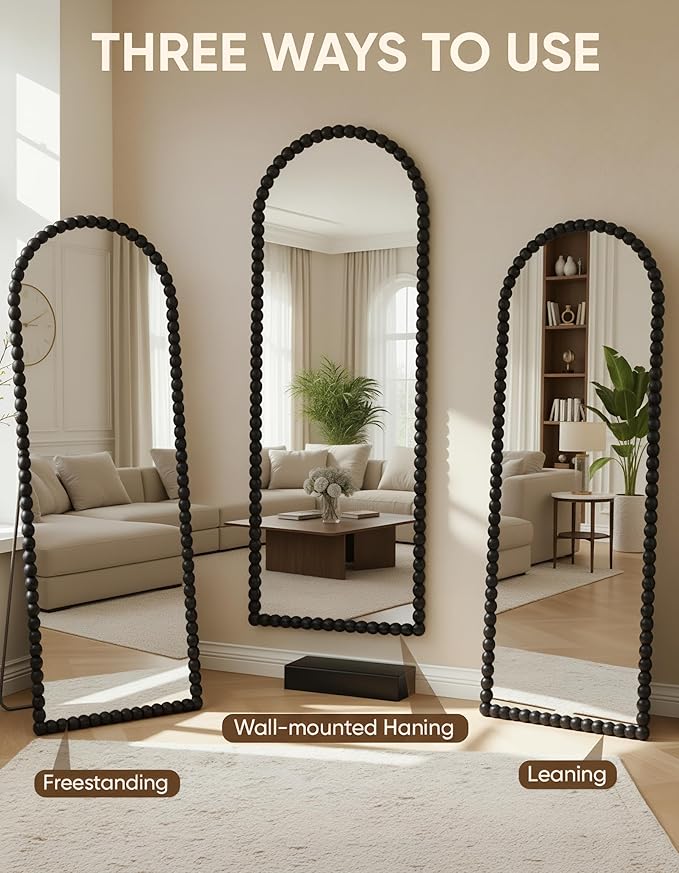 Antok 71" x 28" Arched Full Length Mirror, Antique Beaded Frame Floor Standing or Wall Mounted Mirror with Stand for Bedroom, Entryway, Black, Luxury Style