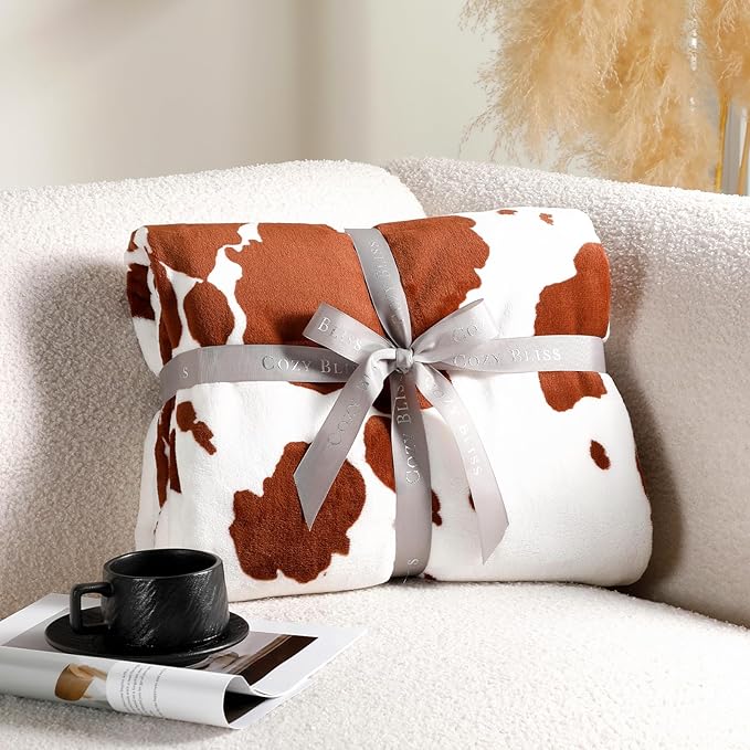 Cozy Bliss Cow Print Fuzzy Throw Blanket for Couch - Thick Soft Warm Non Shedding Fleece Blankets for Western Décor Room, for Kids, Women Men Girls, Brown 50"*60"