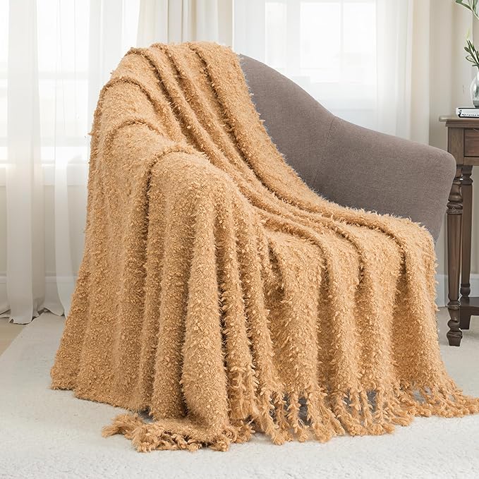 Winter Knit Throw Blanket Fluffy Fuzzy Soft Lightweight Cozy Farmhouse Tassels Chunky Knitted Throws for Couch Sofa Bed (Camel, 50"x60")